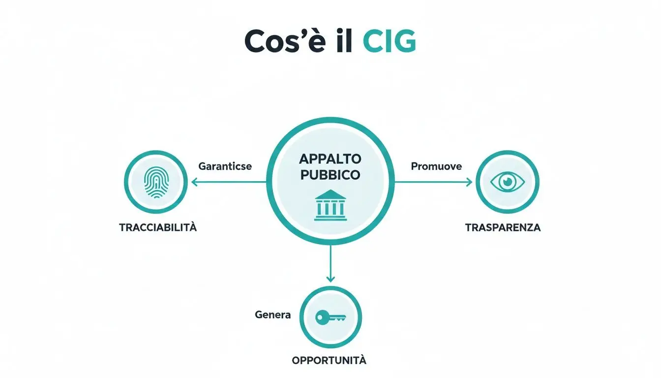 Diagramma esplicativo del CIG: l'appalto pubblico garantisce tracciabilità, promuove trasparenza e genera opportunità con icone.