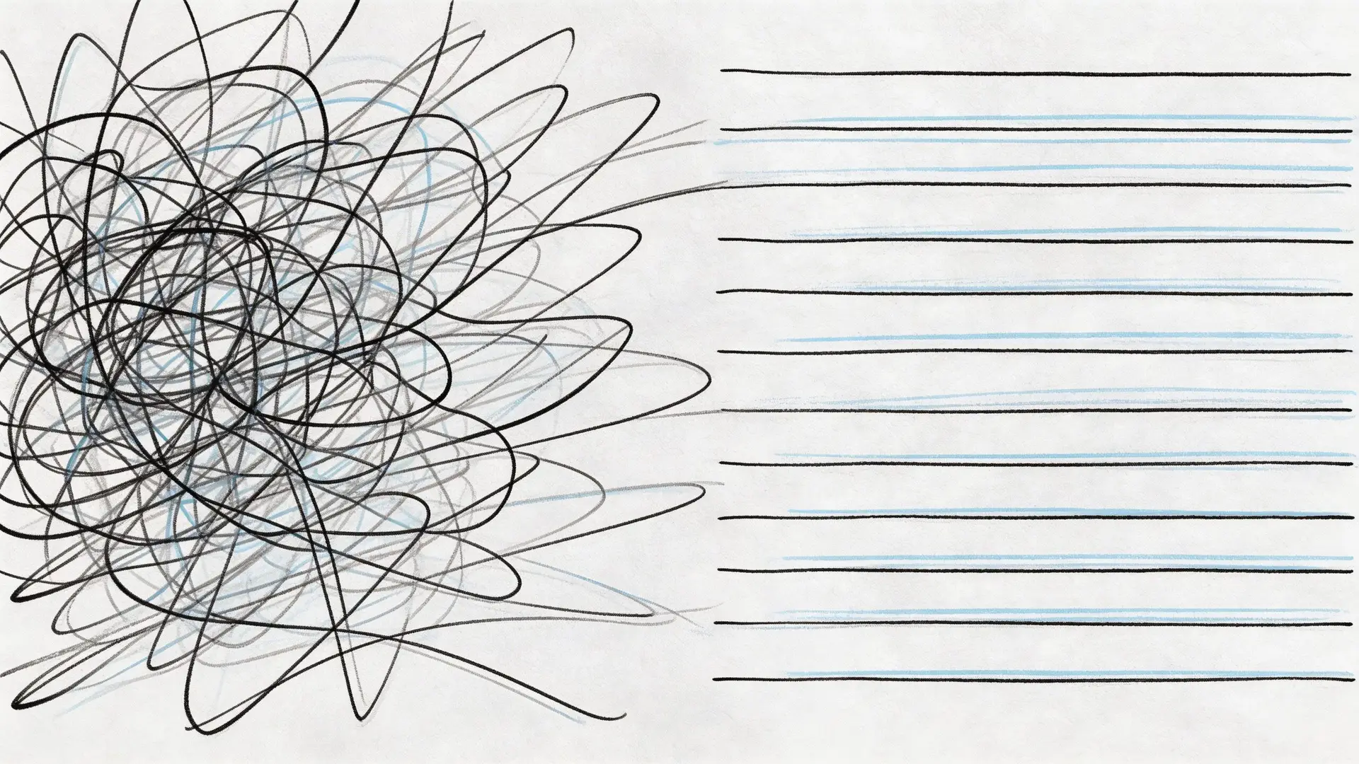 Un groviglio complesso di linee nere e blu accanto a una serie di righe orizzontali ordinate.