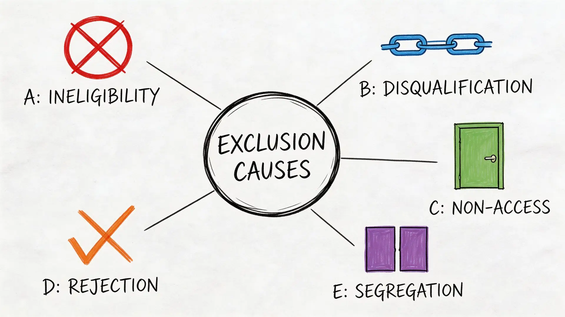 Schema visivo con cinque icone colorate che illustrano le diverse cause di esclusione in un contesto lavorativo.