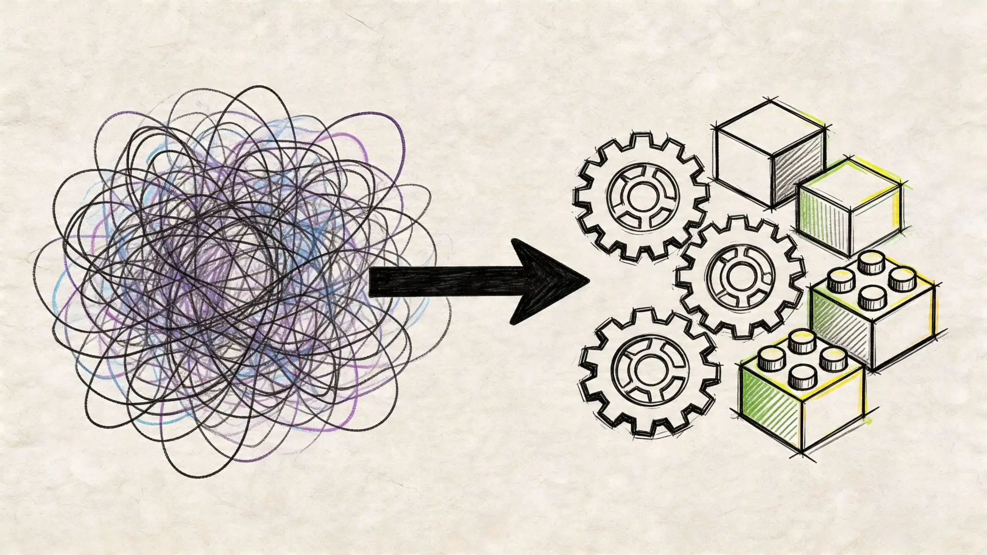Un disegno che illustra il passaggio da una matassa aggrovigliata di linee a un ordine strutturato di ingranaggi
