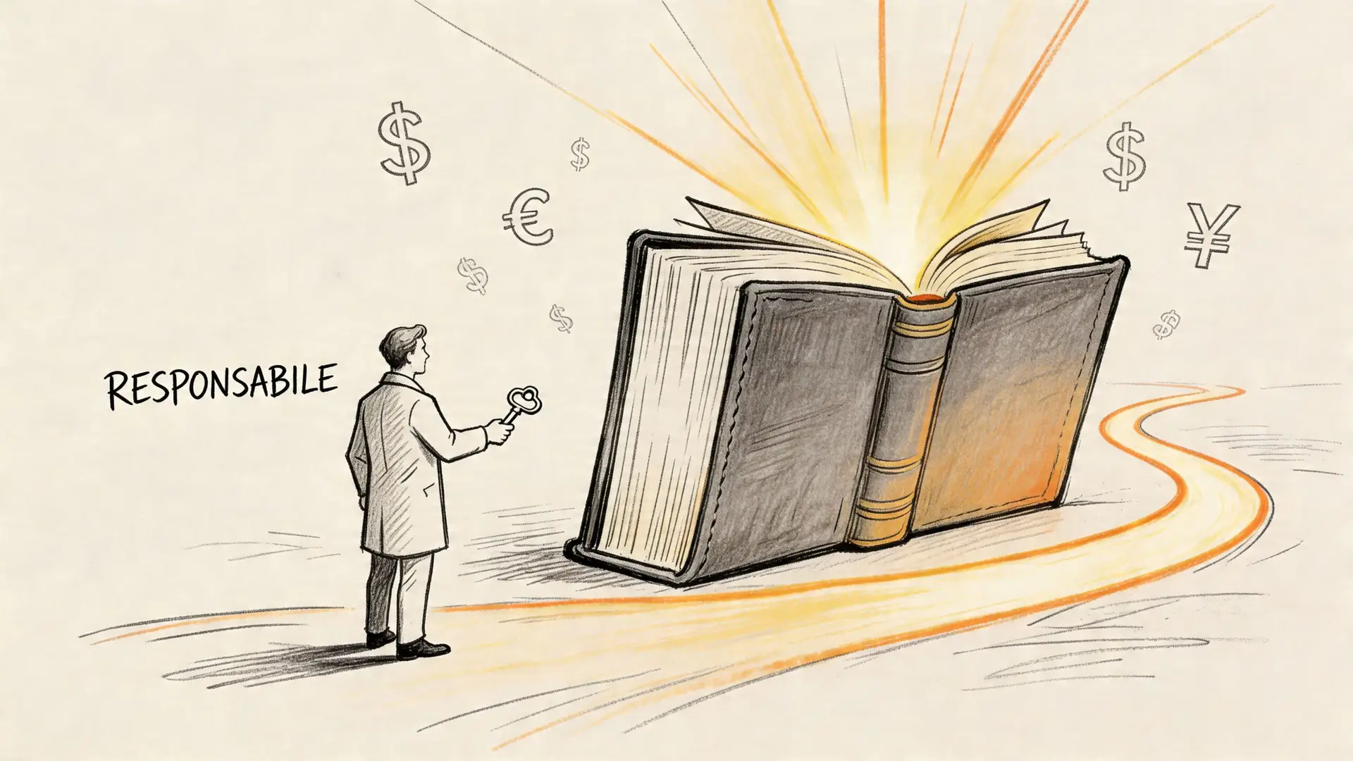 Un professionista in piedi davanti a un grande libro aperto con simboli di valute che brillano intorno.