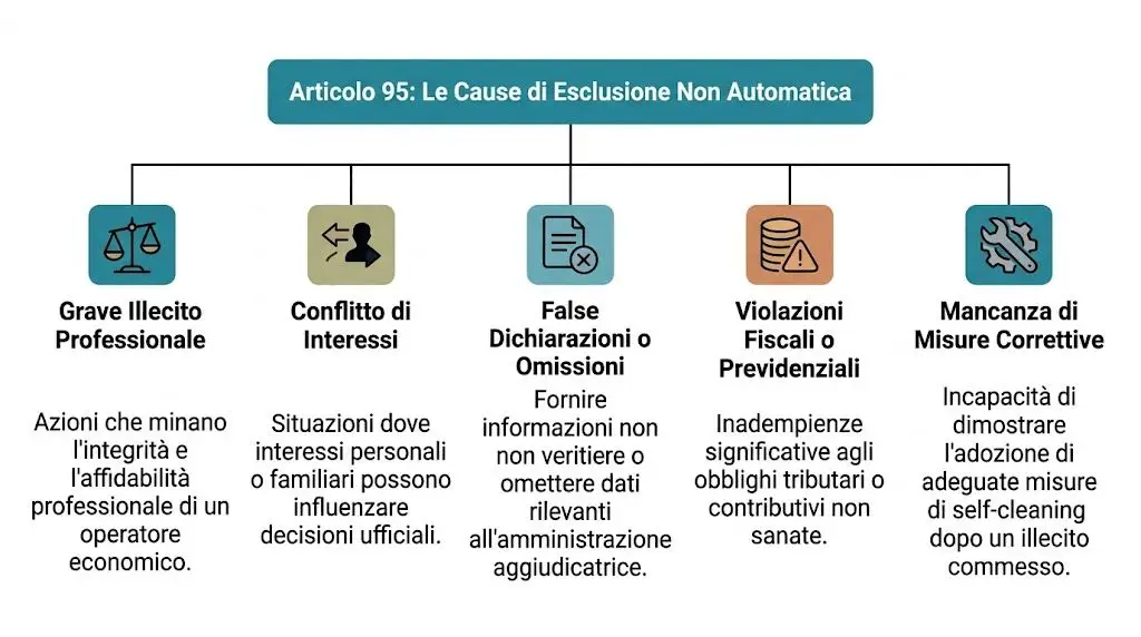 Schema grafico che illustra le cinque cause di esclusione non automatica previste dall'Articolo 95 del codice appalti.