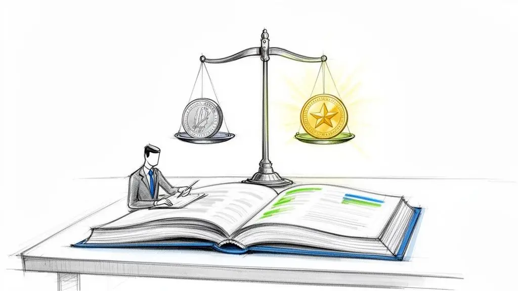 Uomo d'affari studia un grande libro mentre una bilancia confronta monete d'argento e d'oro.