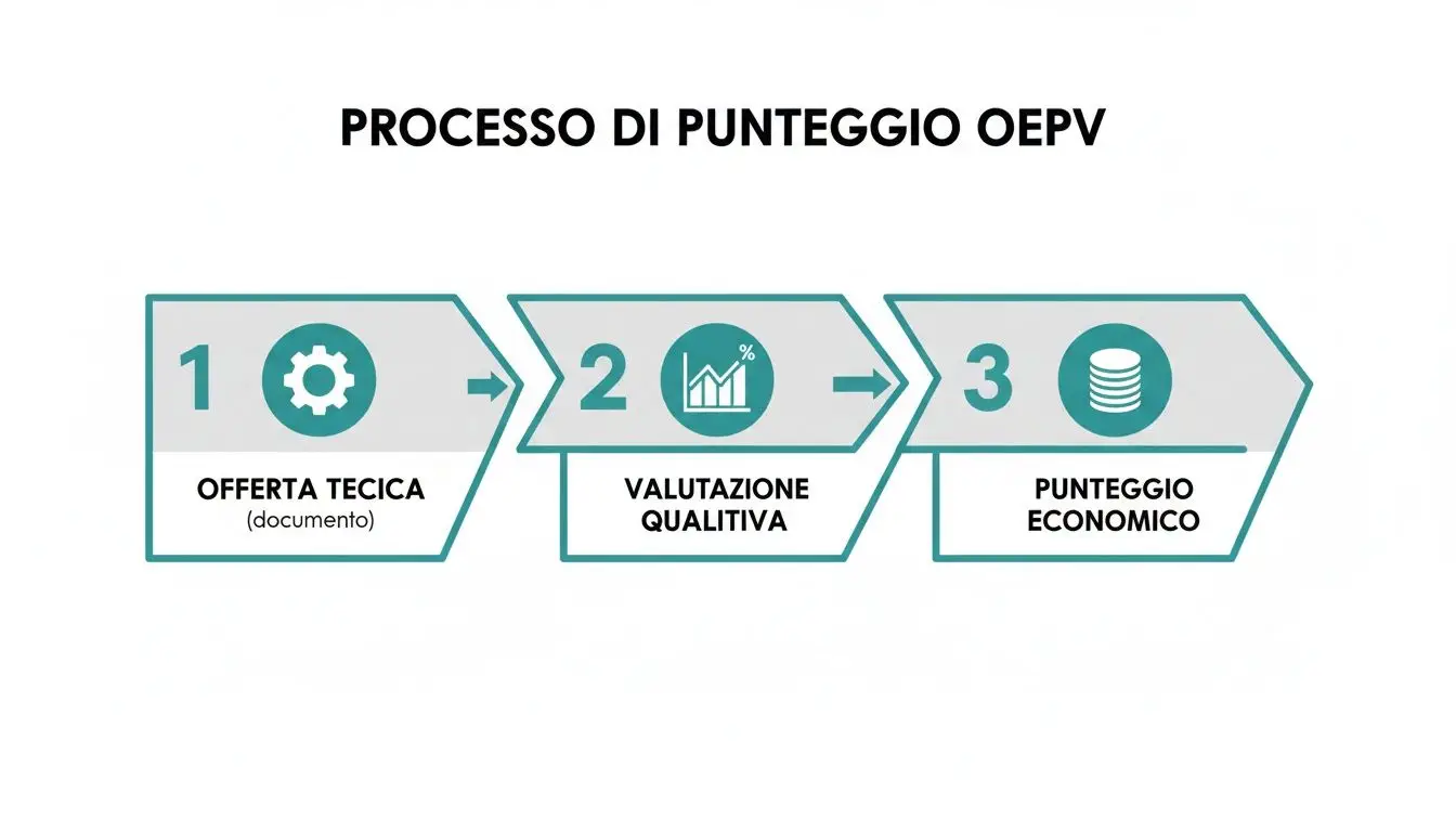 Diagramma di flusso che illustra il processo di punteggio OEPV in tre fasi: offerta tecnica, valutazione qualitativa e punteggio economico.