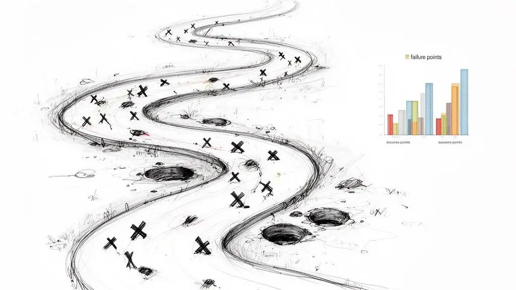 Un disegno stilizzato che rappresenta un sentiero pieno di ostacoli con un grafico statistico dei punti critici.