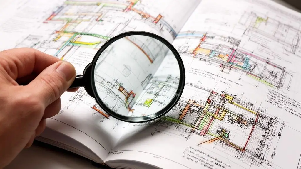 Una mano che utilizza una lente di ingrandimento per analizzare attentamente un progetto architettonico dettagliato su carta.