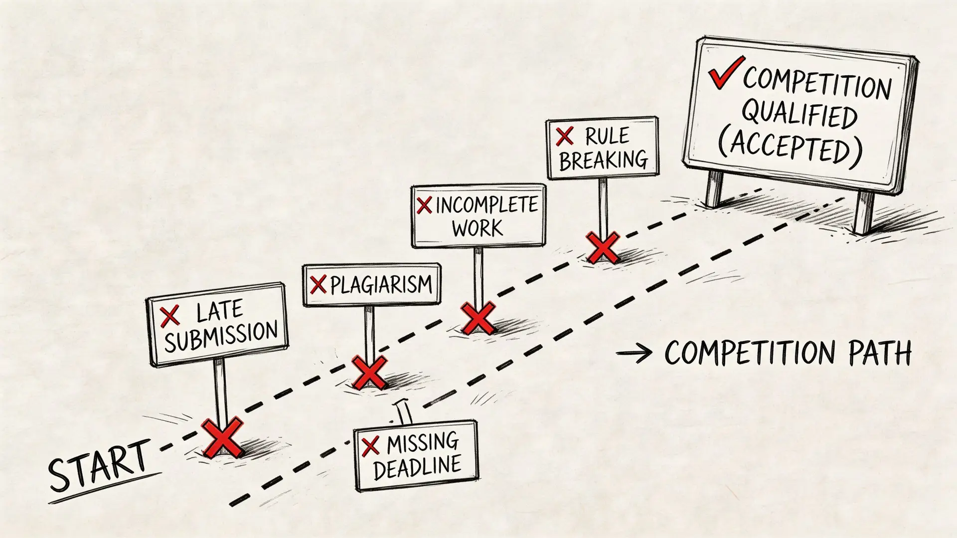 Diagramma che illustra il percorso di una gara con ostacoli comuni che portano alla squalifica dei partecipanti.