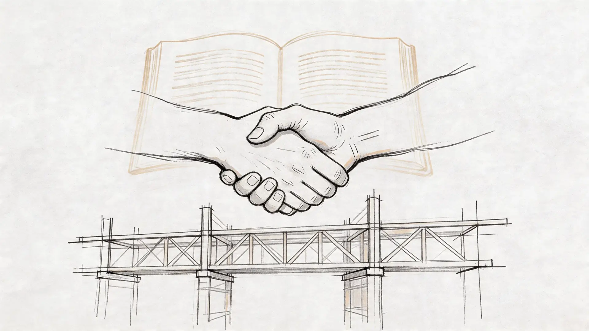Illustrazione concettuale che mostra una stretta di mano sopra il disegno tecnico di un ponte e un libro.
