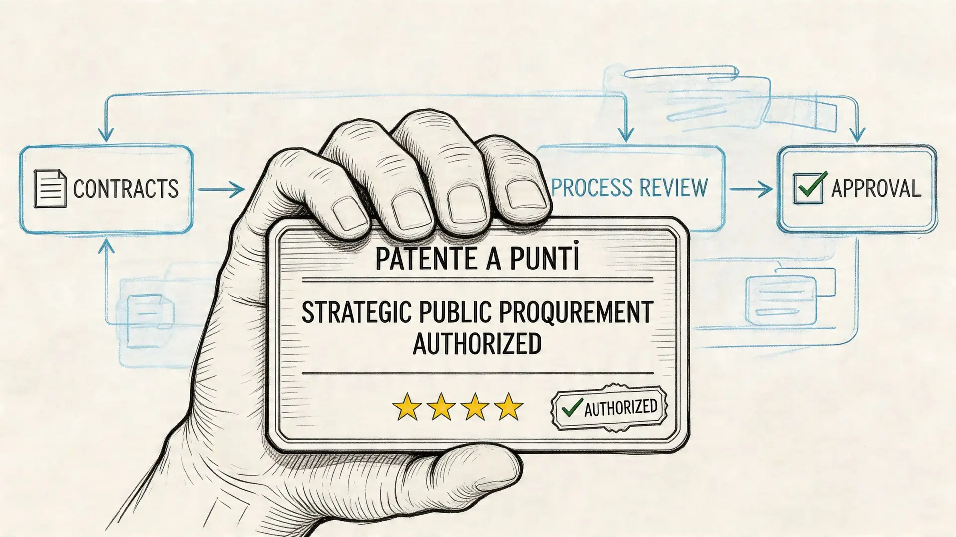 Illustrazione di una mano che tiene una tessera con la scritta Patente a Punti per appalti pubblici.