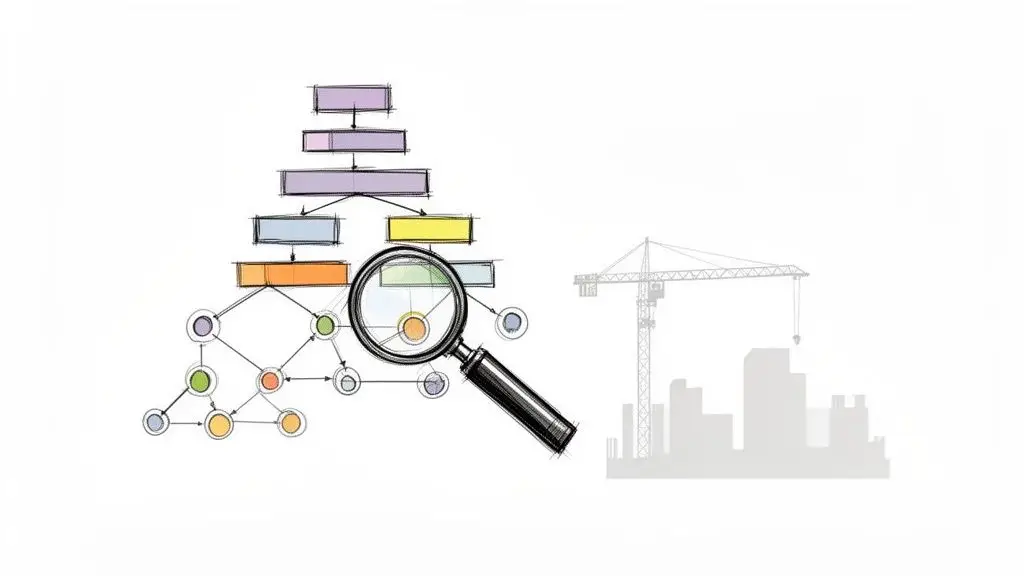 Diagramma di flusso con lente d'ingrandimento che analizza un progetto di costruzione con gru e edifici.