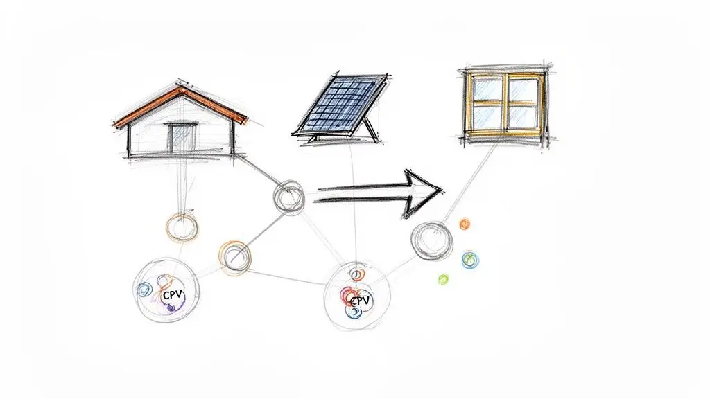 Rappresentazione schematica di casa, pannello solare e finestra, con riferimenti CPV e collegamenti.