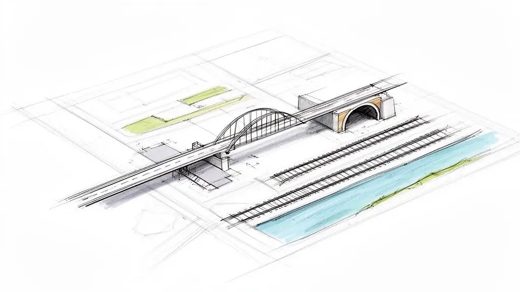 Schizzo concettuale di un ponte stradale ad arco che attraversa binari ferroviari e un corso d'acqua, con aree verdi adiacenti.