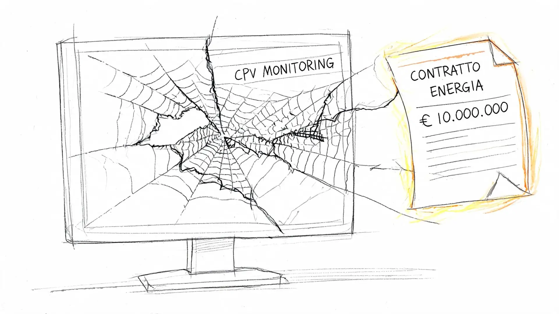 Un monitor rotto con ragnatele mostra il testo CPV MONITORING collegato a un costoso contratto di energia.