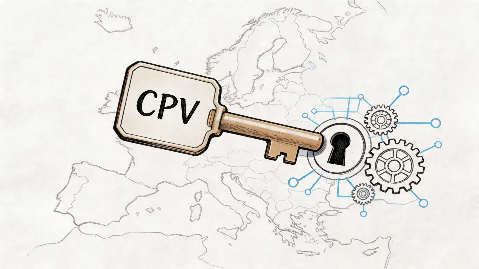 Una chiave con la scritta CPV inserita in una serratura su una mappa stilizzata dell'Europa con ingranaggi.