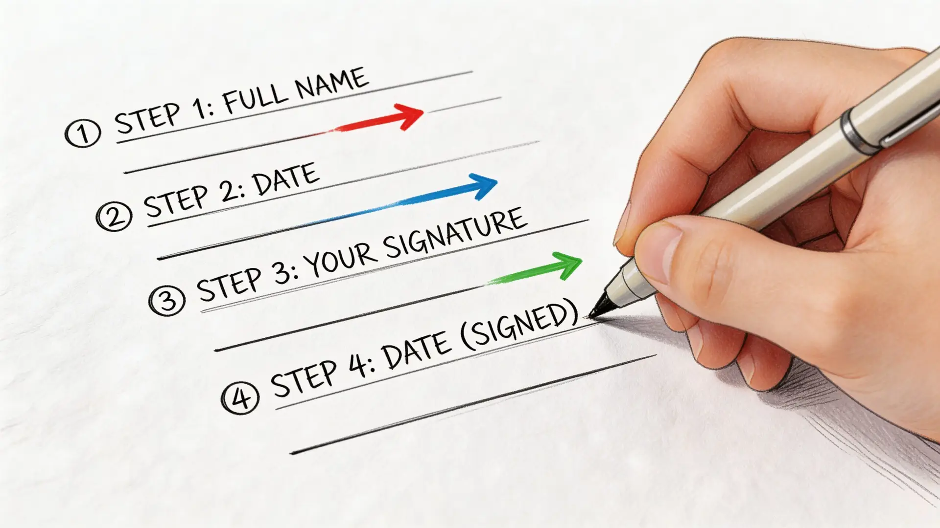 Una mano che firma un modulo con quattro passaggi numerati per indicare dove scrivere nome e data.
