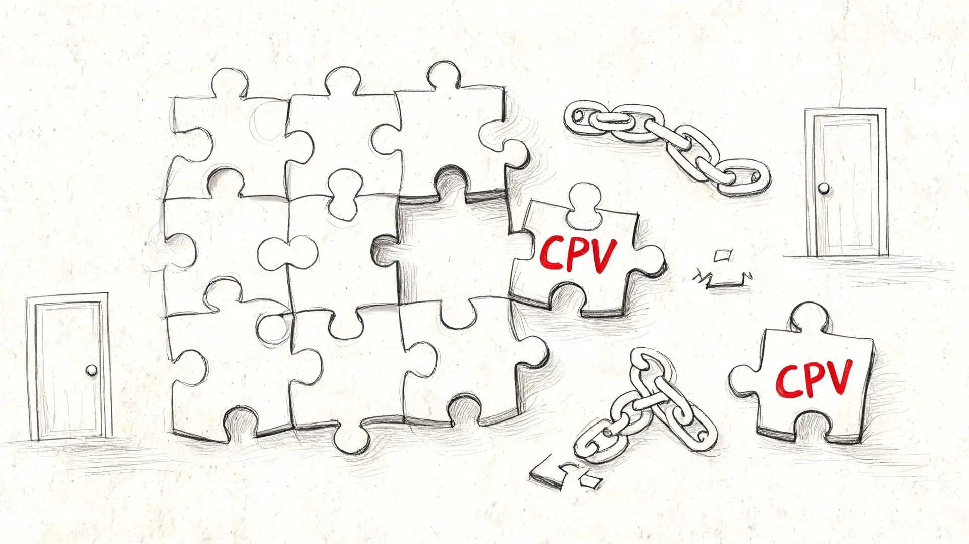 Un puzzle incompiuto con le lettere CPV, simbolo di fornitura energia elettrica, accanto a porte e catene.