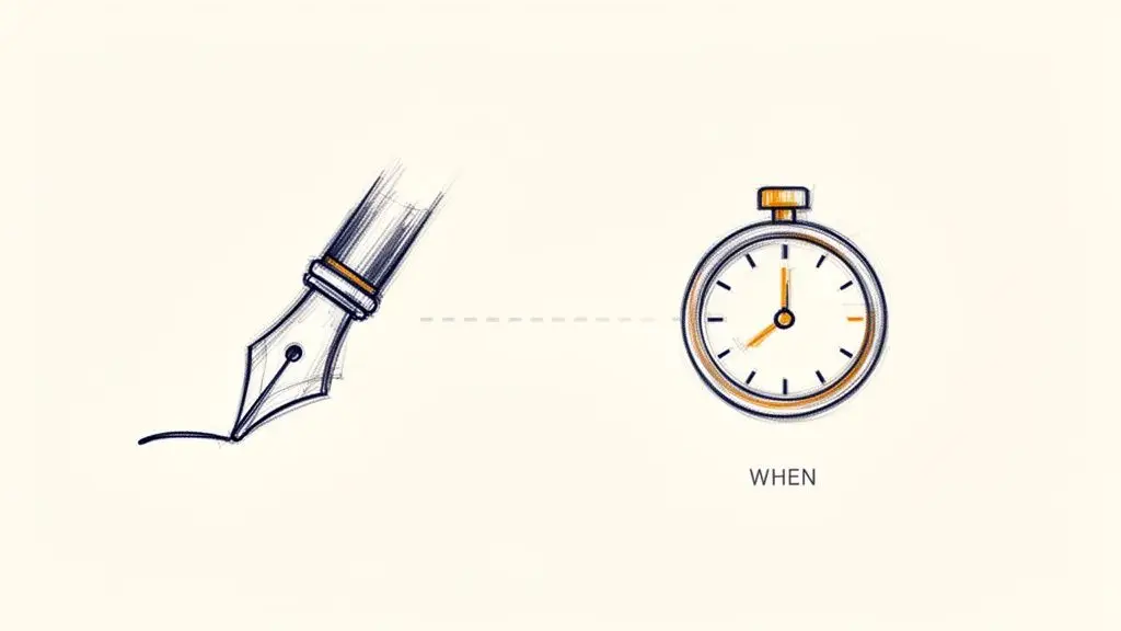 Una penna stilografica disegnata che scrive, collegata a un cronometro con la scritta 'WHEN' sotto.