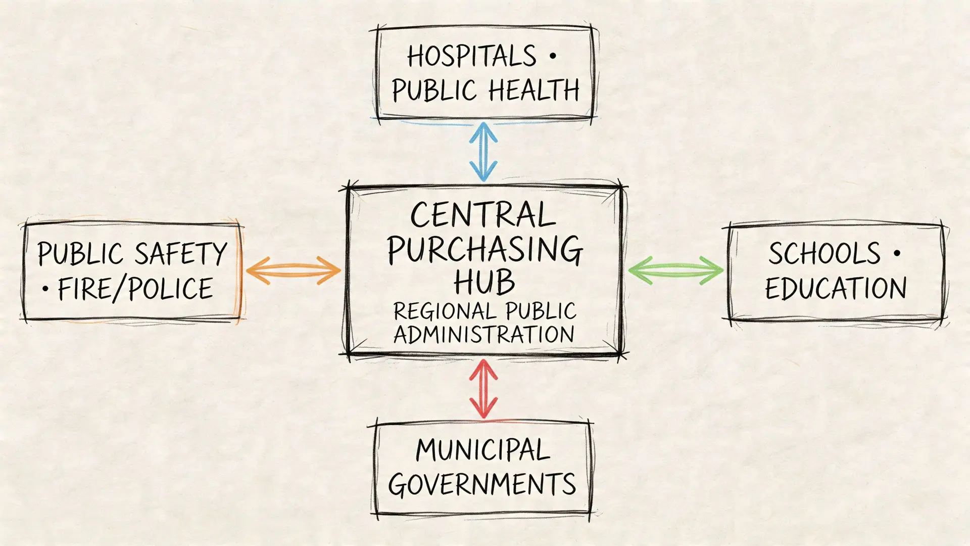Schema che illustra il ruolo centrale di un ufficio acquisti per amministrazioni pubbliche, ospedali, scuole e sicurezza.