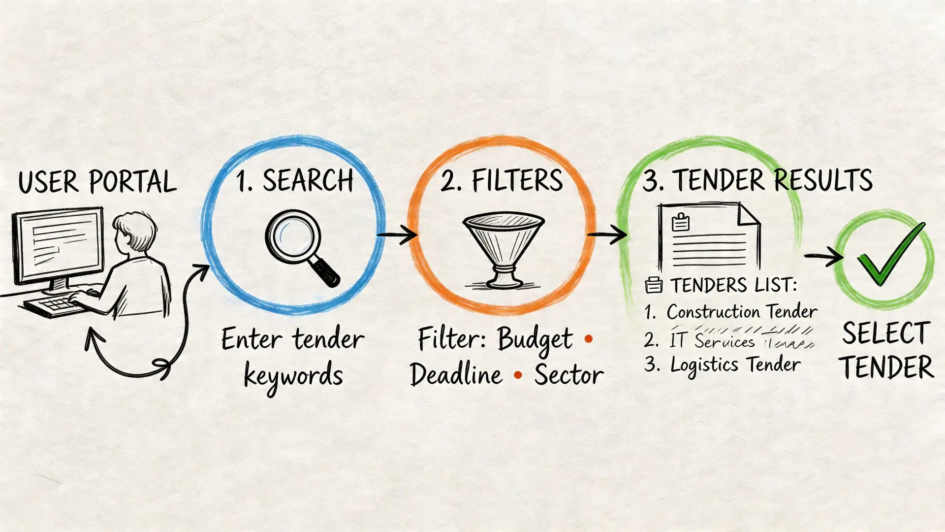 Diagramma illustrato che mostra il processo di ricerca e selezione dei bandi sul portale Empulia in tre fasi.