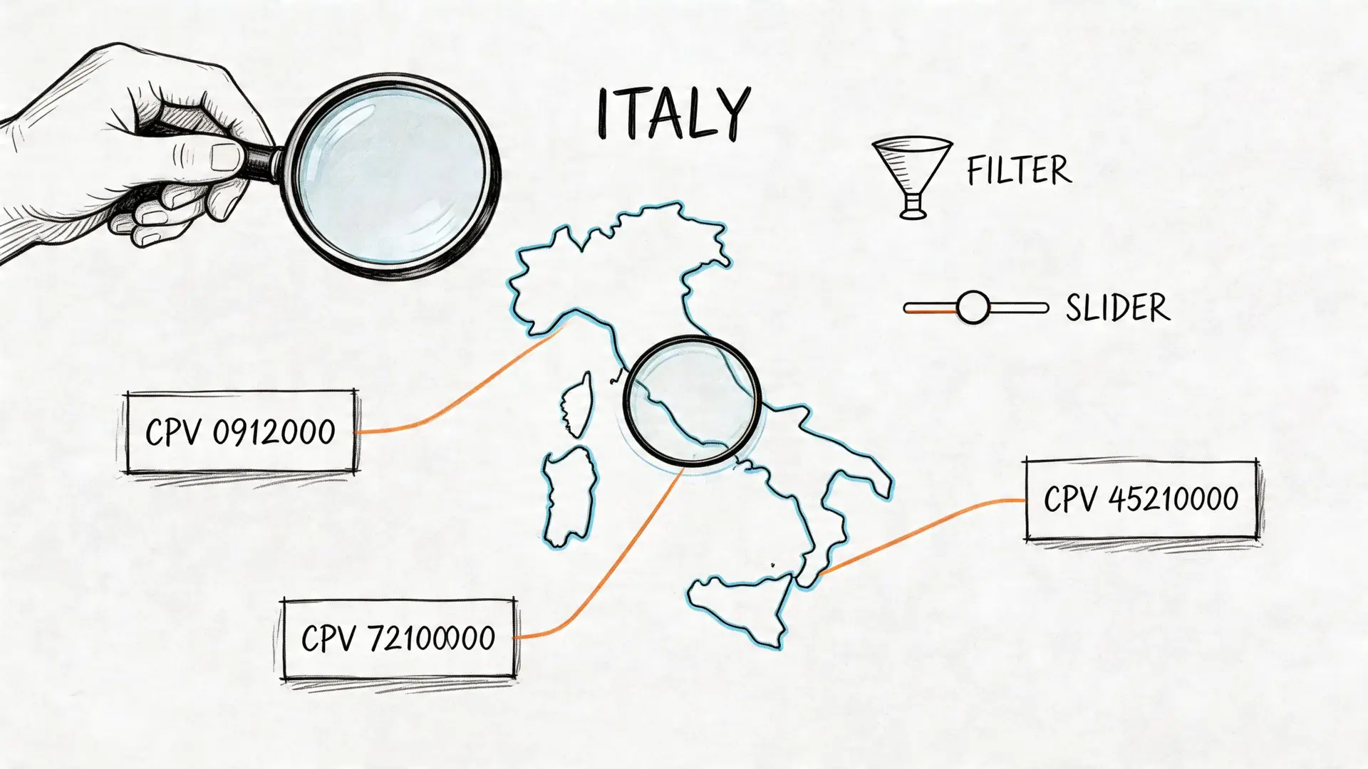 Illustrazione stilizzata della mappa dell'Italia con una lente d'ingrandimento e codici CPV per analisi di mercato.