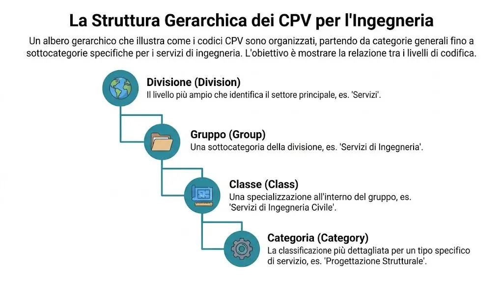 Diagramma che illustra la struttura gerarchica dei codici CPV per i servizi di ingegneria, dalle divisioni alle categorie.