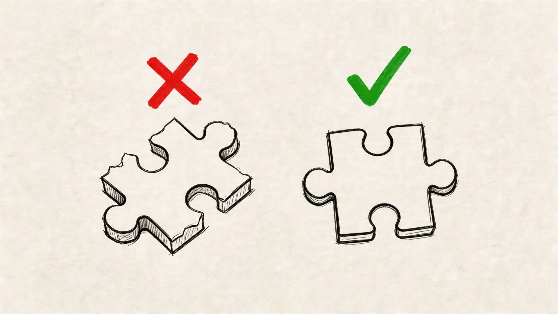 Un disegno di due tessere di puzzle, una rovinata con una croce rossa e l'altra perfetta con spunta.