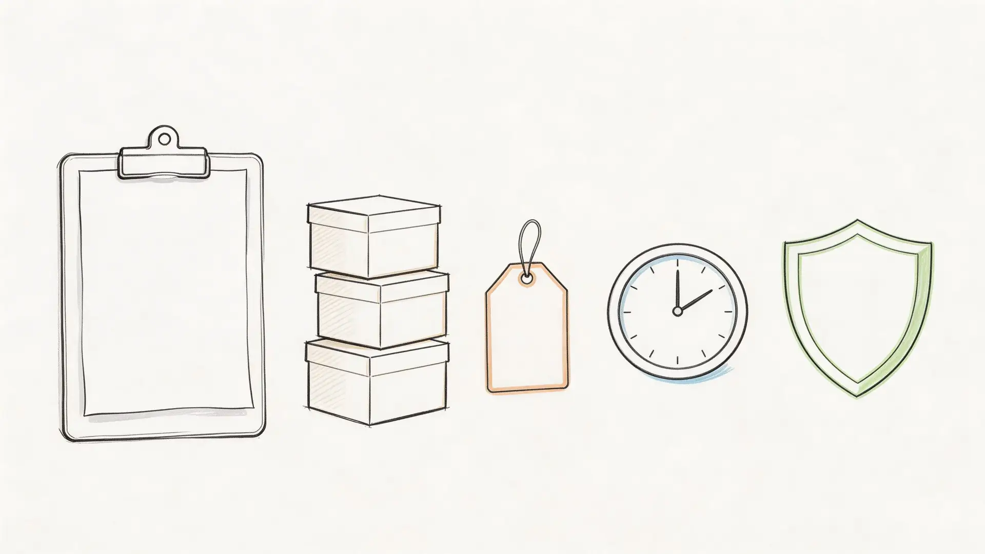 Illustrazione disegnata a mano che mostra una clipboard, scatole impilate, un'etichetta, un orologio e uno scudo protettivo.