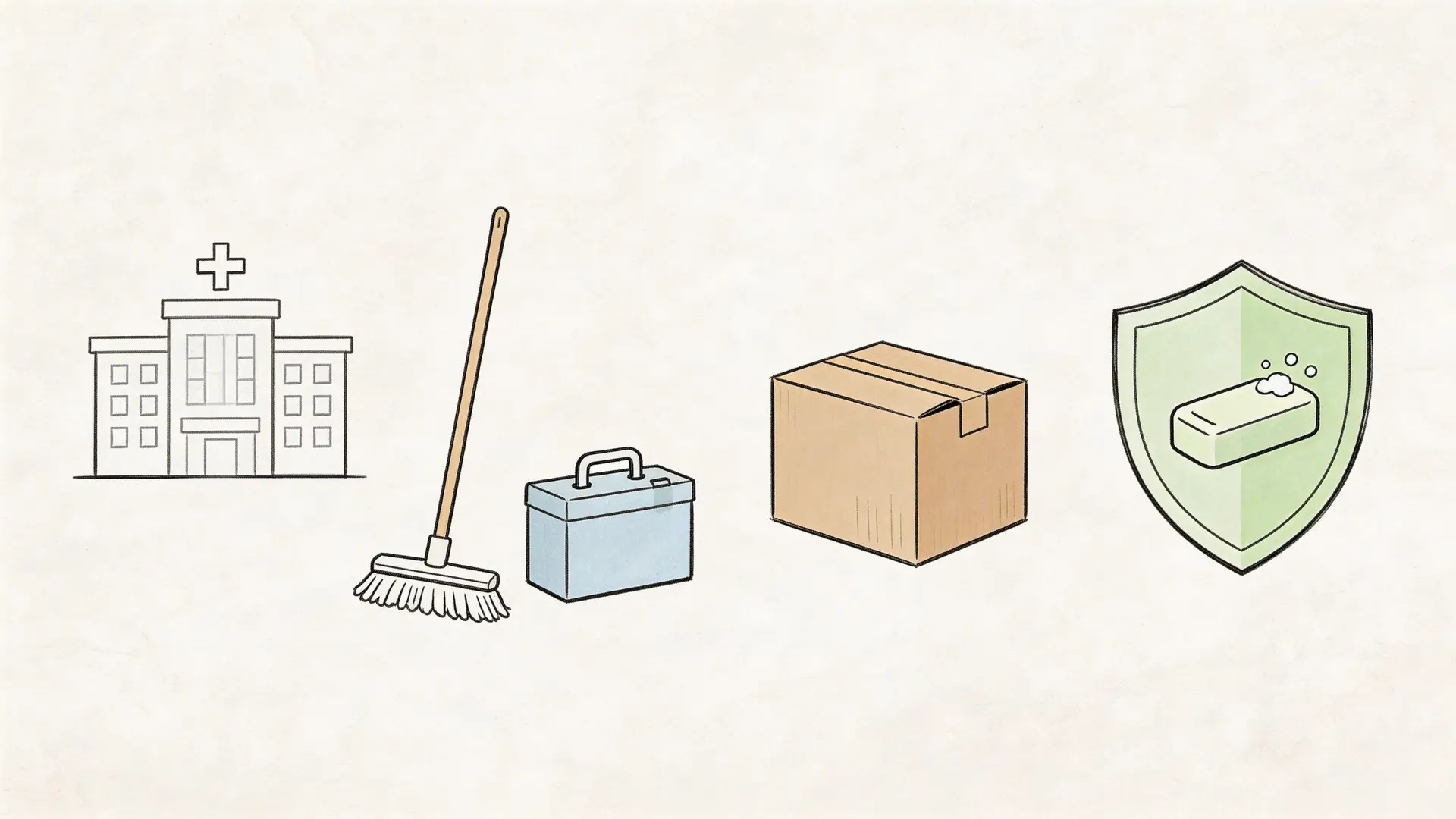 Illustrazione che mostra un ospedale, una scopa, una cassetta degli attrezzi, un pacco e uno scudo con sapone.