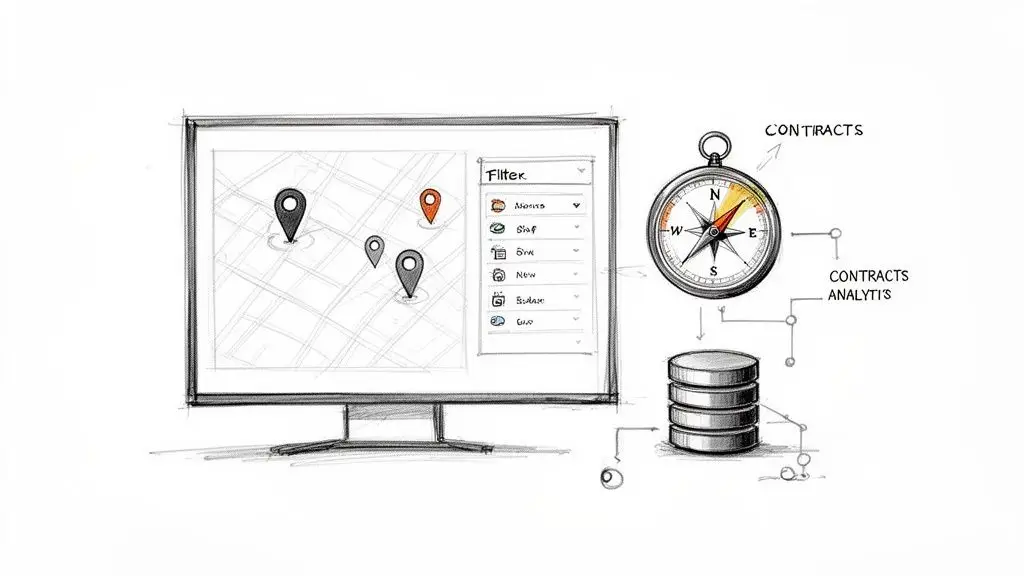 Schizzo digitale: mappa con indicatori, menu filtro su schermo, bussola per contratti e dati per analisi.