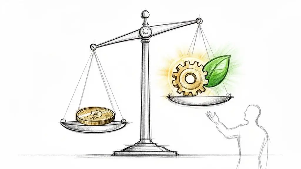 Bilancia che confronta Bitcoin con energia sostenibile e tecnologia verde, con lato Bitcoin più pesante.