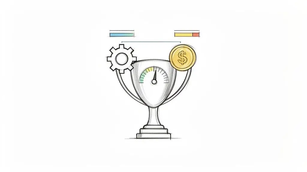 Illustrazione di un trofeo con ingranaggio, indicatore di performance e moneta del dollaro, simbolo di successo economico e offerta ottimale.