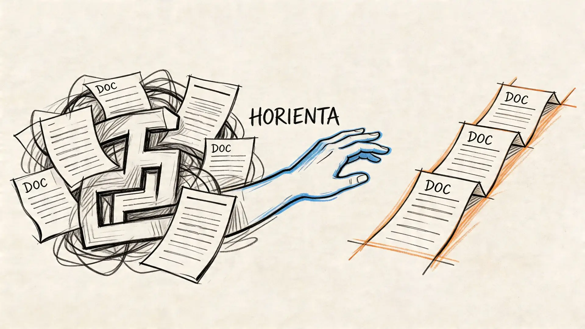 Una mano disegnata a mano che ordina documenti caotici in file organizzati su uno sfondo color crema.