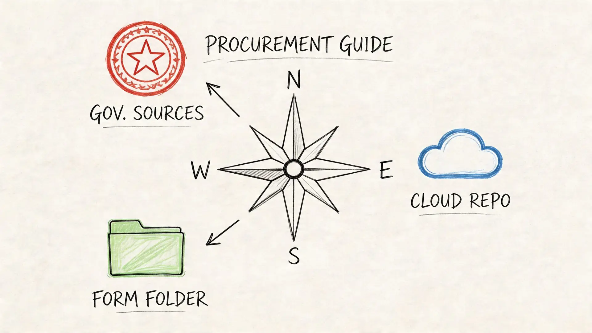 Una bussola stilizzata circondata da icone che rappresentano fonti governative, repository cloud e cartelle per la modulistica.