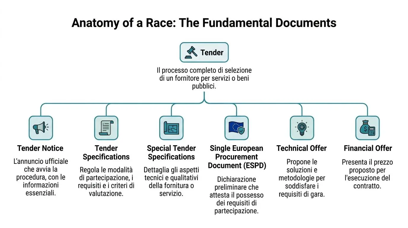 Diagramma che illustra i documenti fondamentali di una gara d'appalto pubblica e le loro funzioni principali.