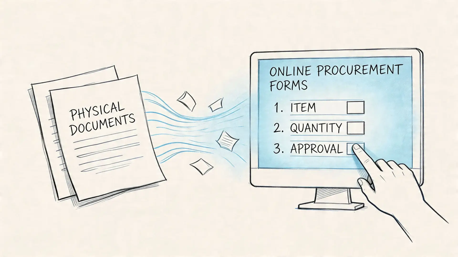 Illustrazione che mostra la trasformazione di documenti fisici cartacei in un modulo di approvvigionamento digitale online.
