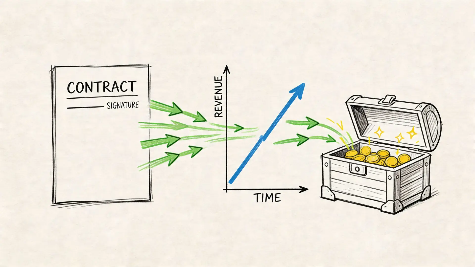 Illustrazione che mostra un contratto firmato che genera crescita di ricavi nel tempo verso un forziere.