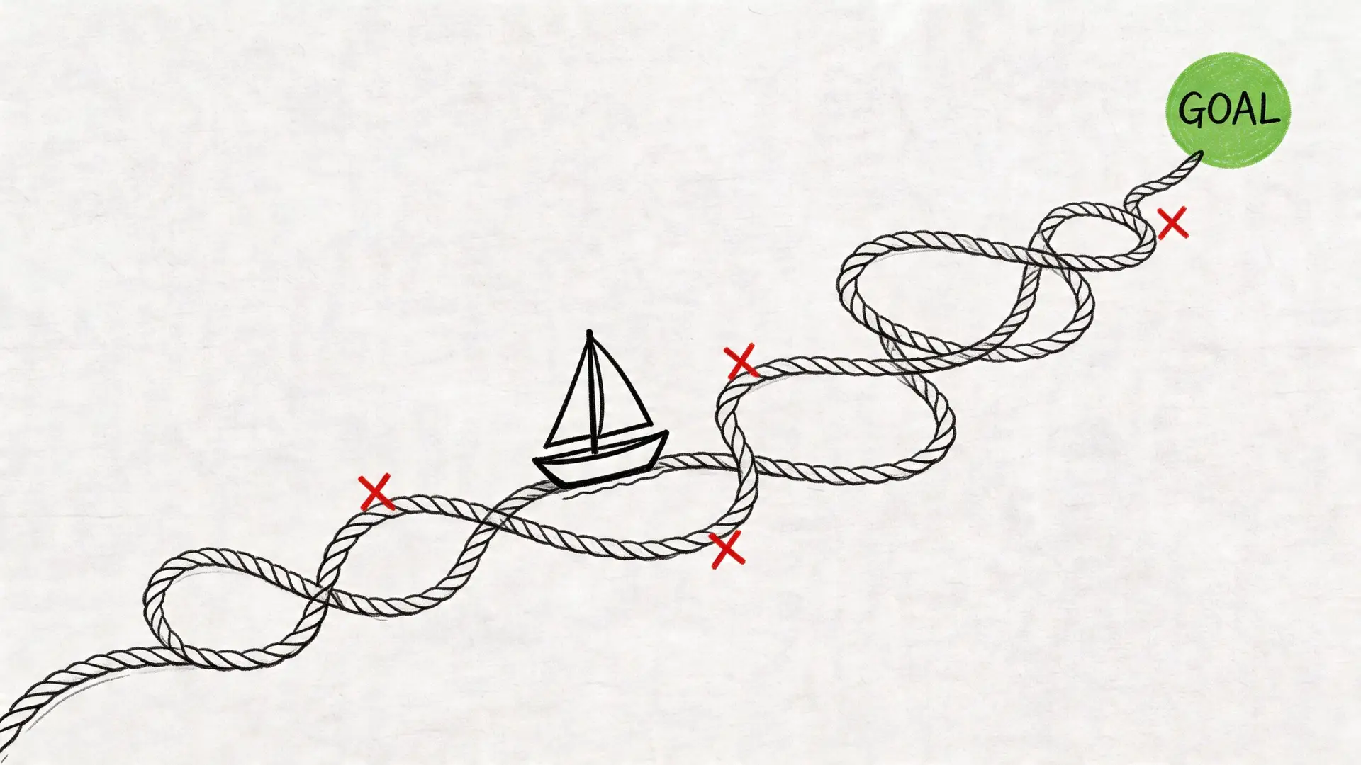 Una barca a vela segue una corda attorcigliata che porta a un obiettivo segnato come goal.