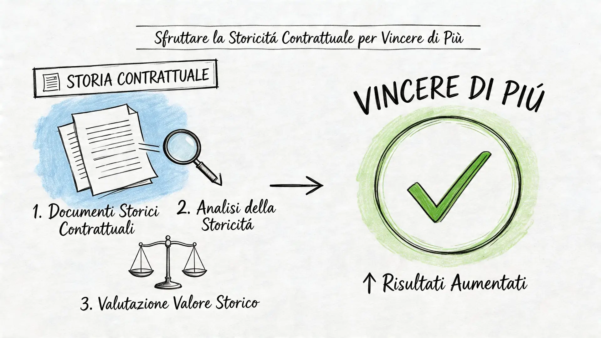 Un infografica schematica che illustra come analizzare la storicità contrattuale per migliorare i risultati aziendali.