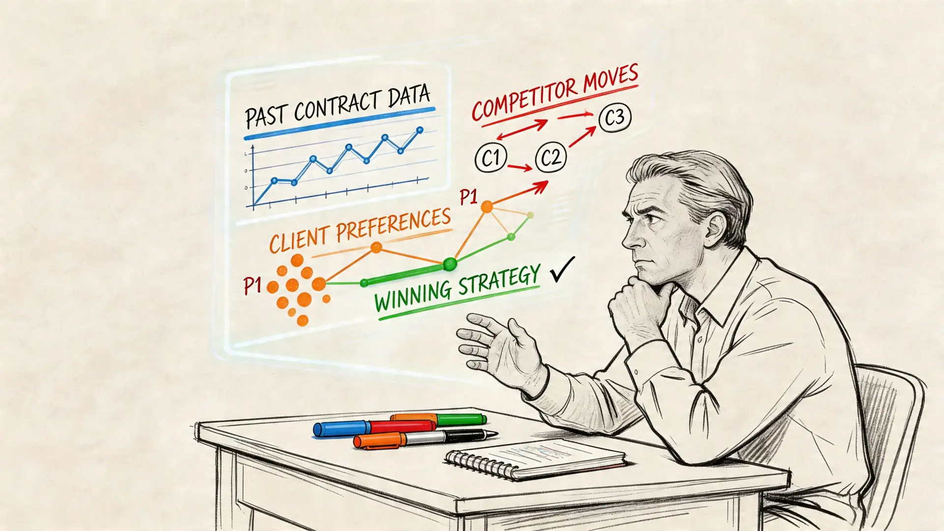 Un professionista che analizza dati contrattuali, preferenze dei clienti e strategie competitive per la pubblica amministrazione.