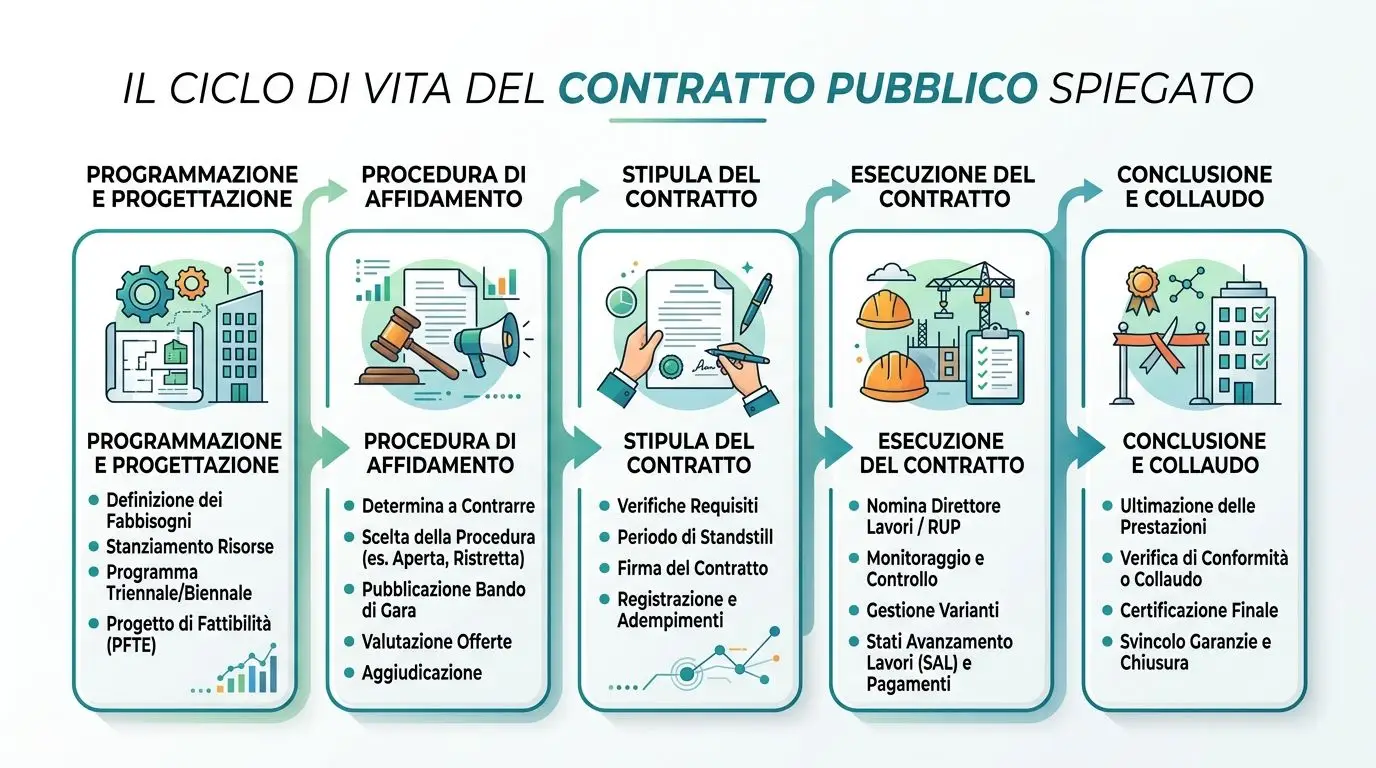Infografica illustrata che spiega le fasi del ciclo di vita di un contratto pubblico in Italia.