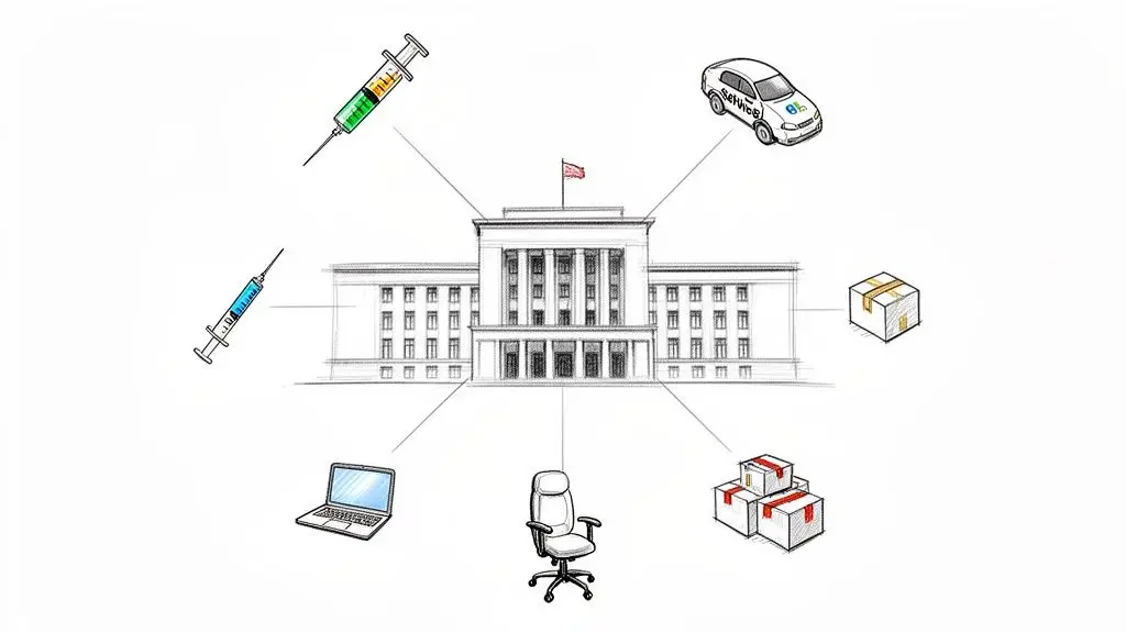 Edificio governativo centrale collegato a beni e servizi: siringhe, auto, scatole, sedia e laptop.