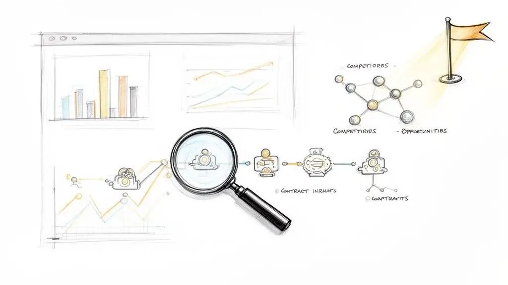 Illustrazione di grafici, analisi dati, opportunità di mercato e processi contrattuali per l'ottimizzazione aziendale.