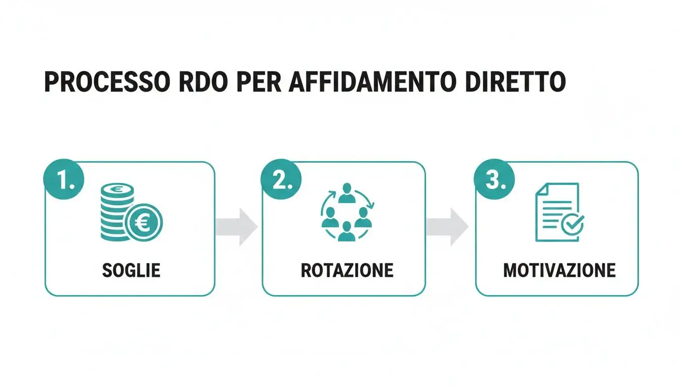 Schema del processo RDO per affidamento diretto, illustrando i passaggi di soglie, rotazione e motivazione.