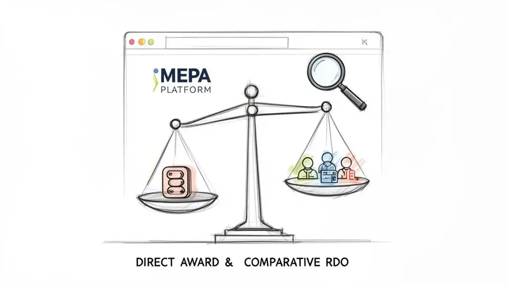 Immagine stilizzata che mostra una bilancia con icone di server e persone, sotto un browser web MEPA, con testo 'DIRECT AWARD & COMPARATIVE RDO'.