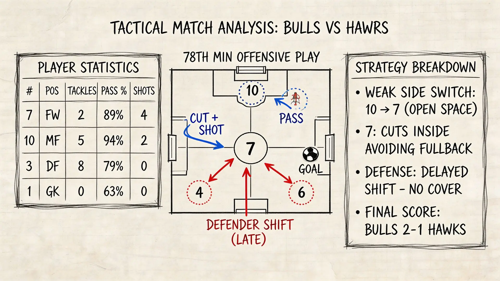 Analisi tattica di una partita di calcio che mostra statistiche dei giocatori e una strategia di gioco.
