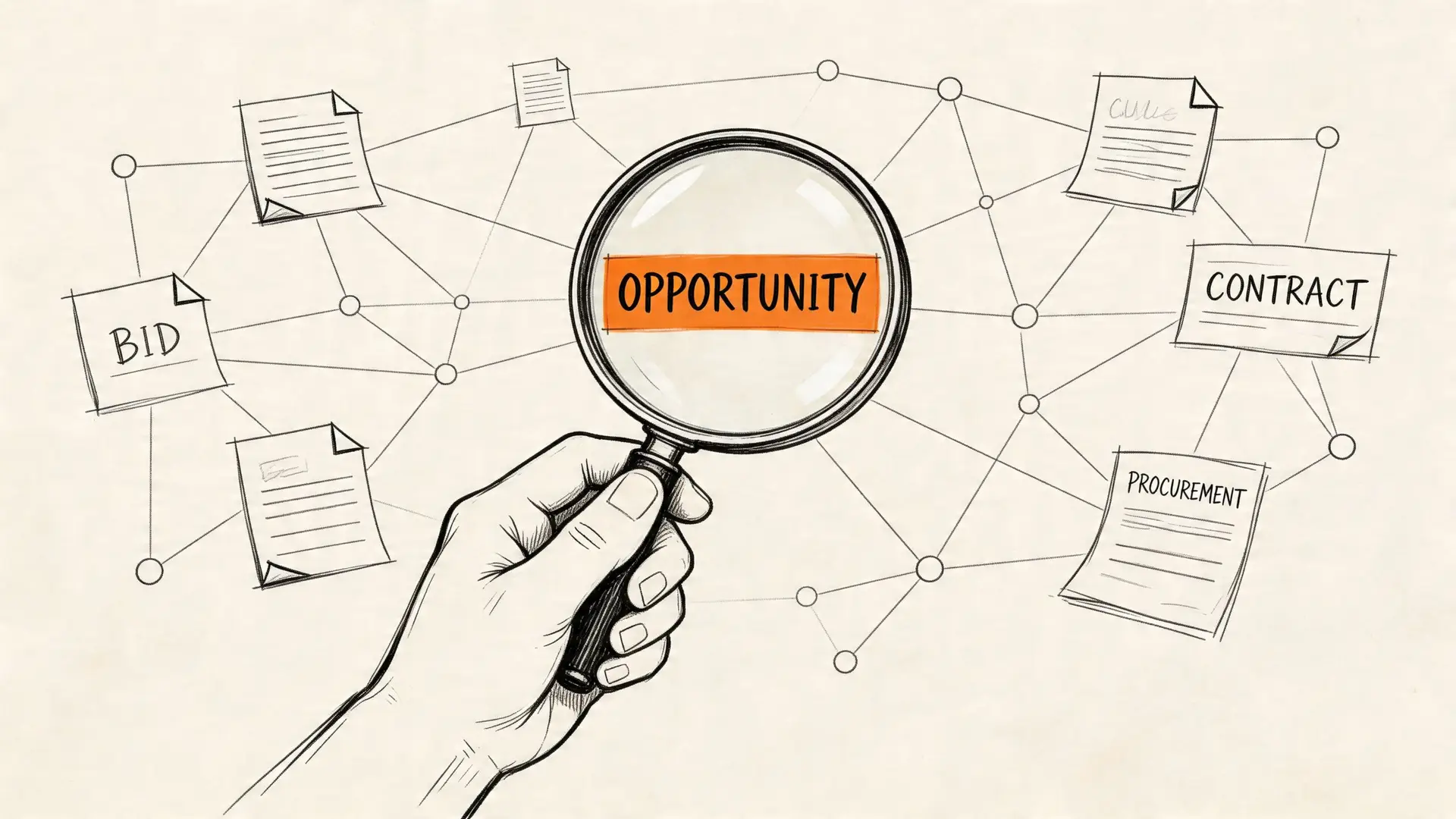 Una mano che tiene una lente d'ingrandimento sopra la parola opportunità in un diagramma di documenti aziendali.