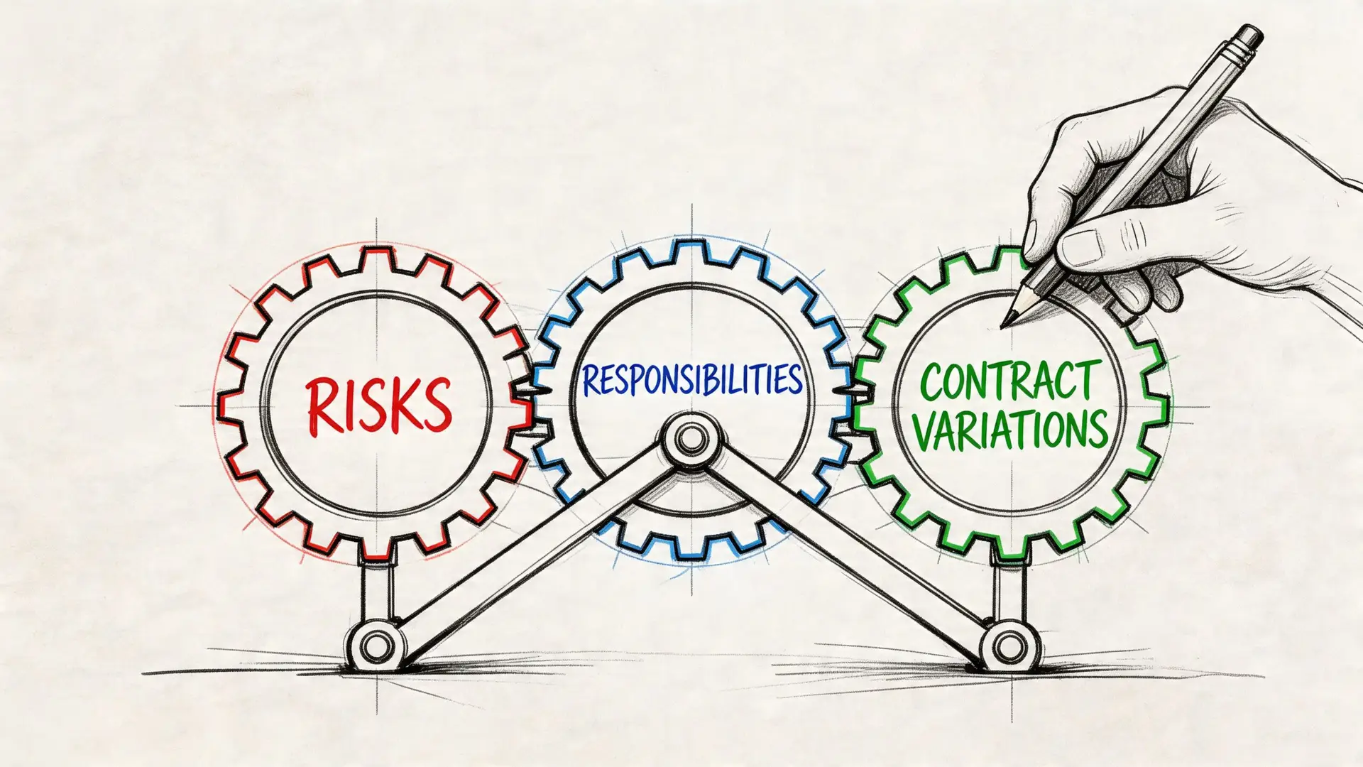 Un disegno a matita raffigurante tre ingranaggi interconnessi con i termini Rischi, Responsabilità e Variazioni Contrattuali.