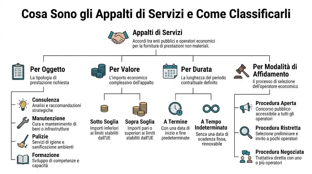 Infografica illustrativa che spiega il significato e le diverse classificazioni degli appalti di servizi pubblici in Italia.