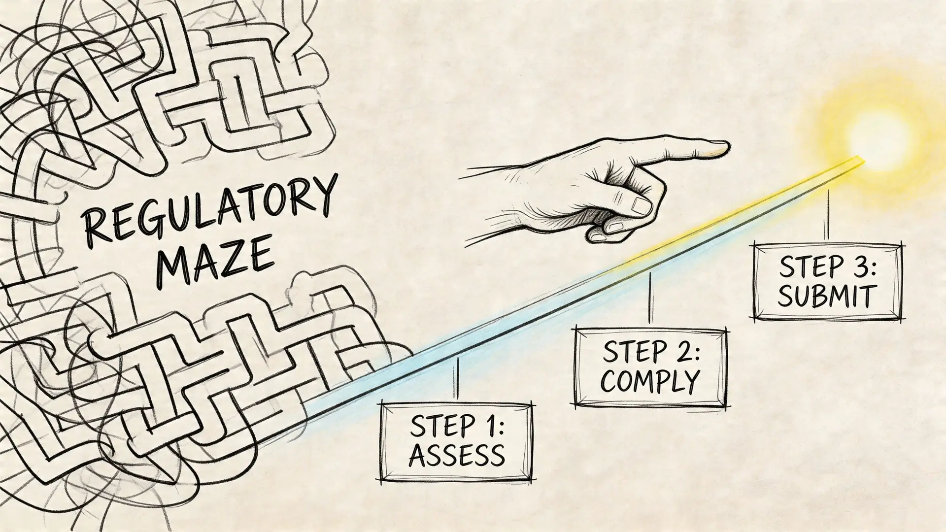 Illustrazione che mostra come superare il labirinto normativo attraverso tre passaggi chiave: valutare, conformarsi e inviare.