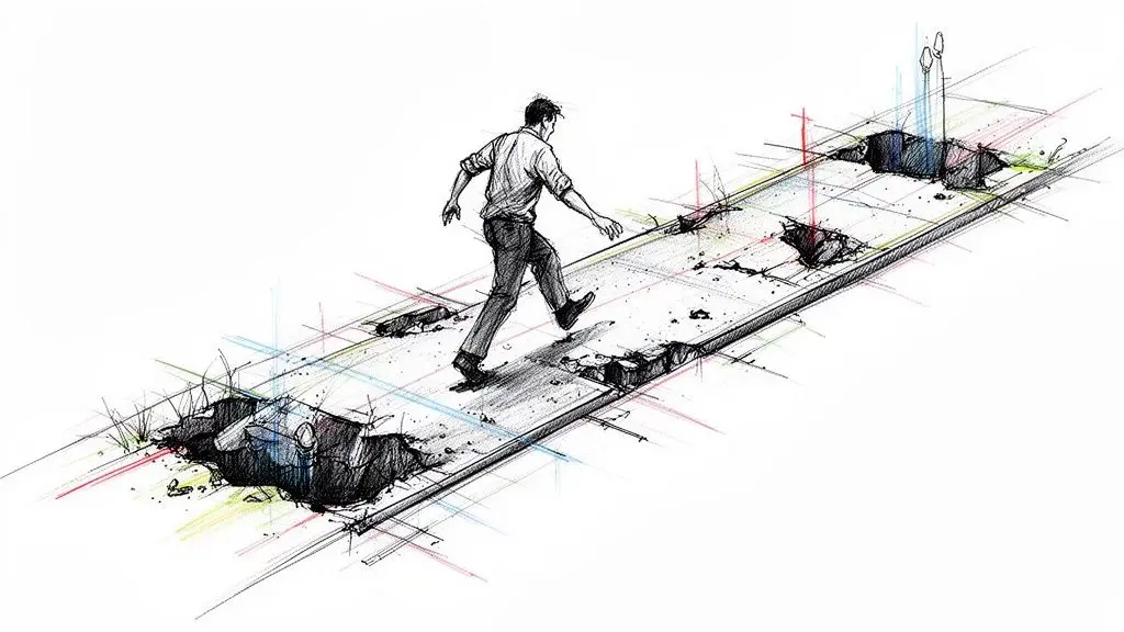 Un uomo cammina con cautela su una strada dissestata piena di buche e segni grafici colorati